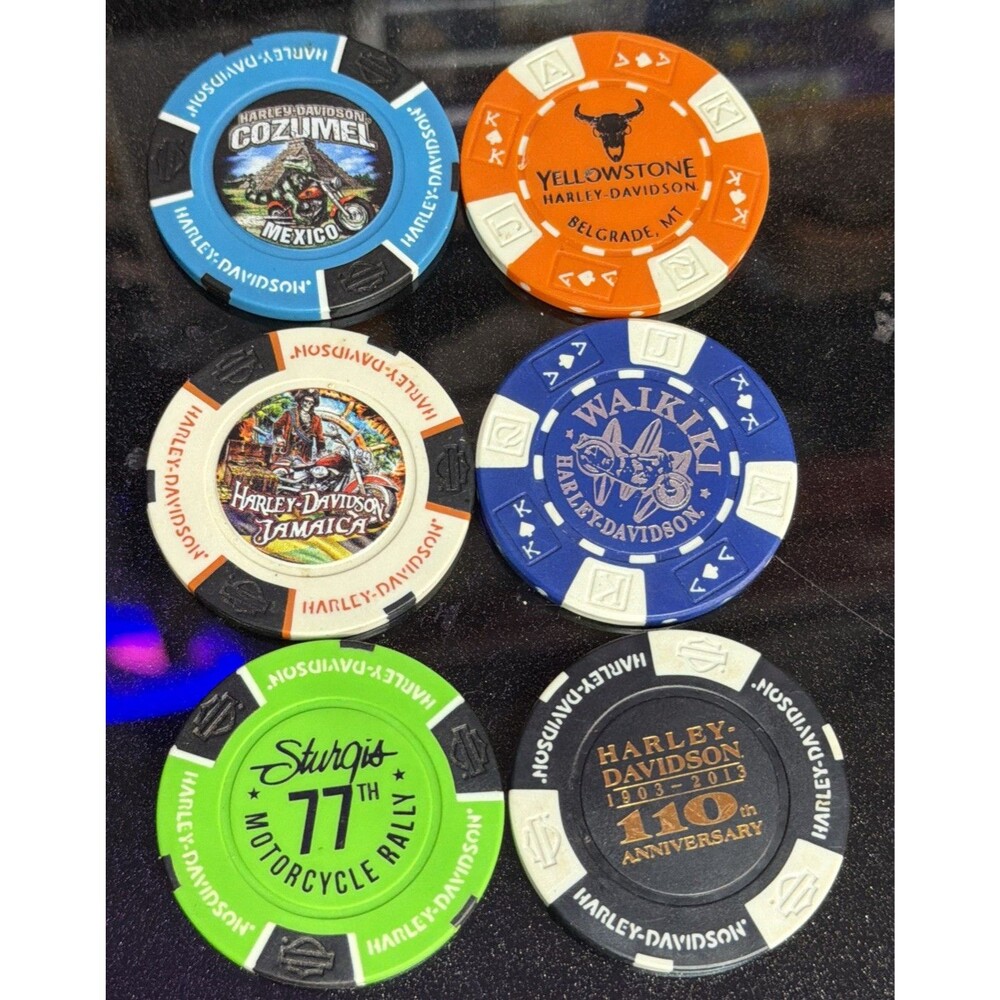 Harley Davidson Poker Chip Lot of 6 Sturgis 77th, 110th, Jamaica, Hawaii, Mexico